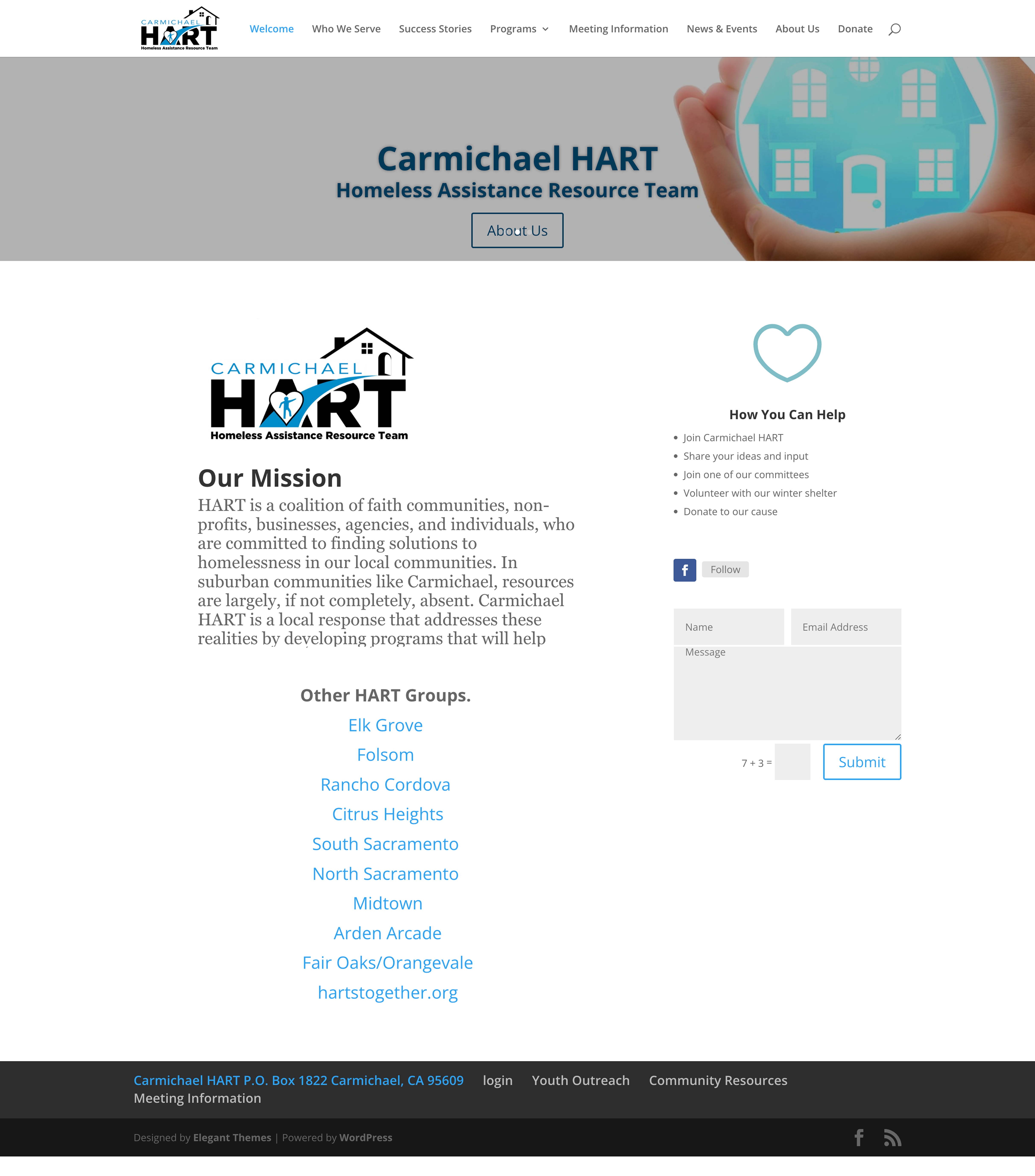 Legacy Carmichael HART homepage with an eight-item navigation bar, a generic mission statement, a long list of related HART chapter links, and an embedded contact form